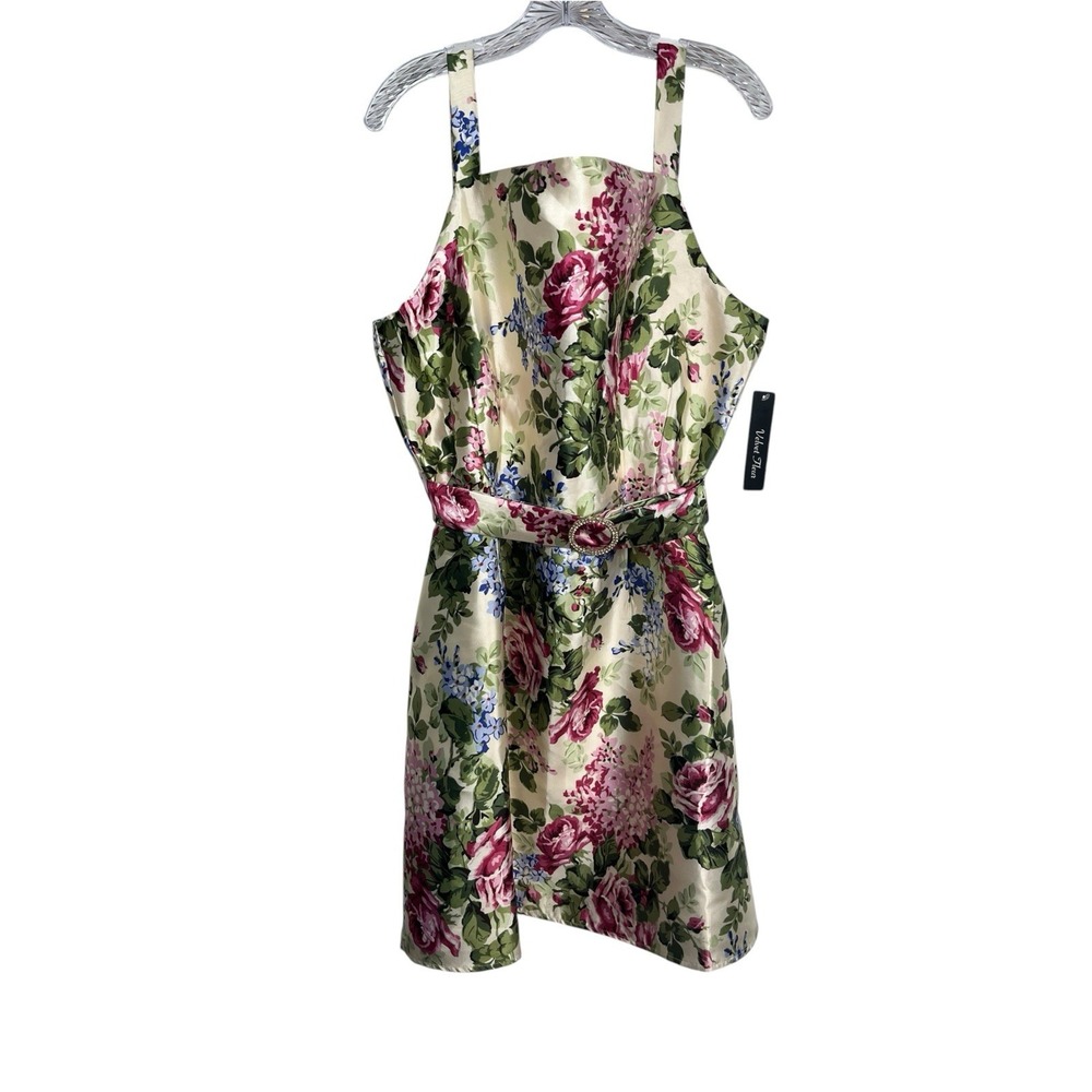 New VELVET FLEUR Sz XL Dress Floral Fit Flare Satiny Square Neck Belt Formal NWT
